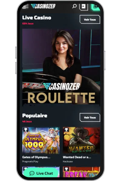 Jeux populaires et section Live Casino